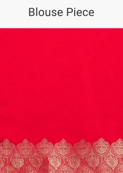 Red Satin Silk Butti Woven Saree With Scallop Brocade Border
