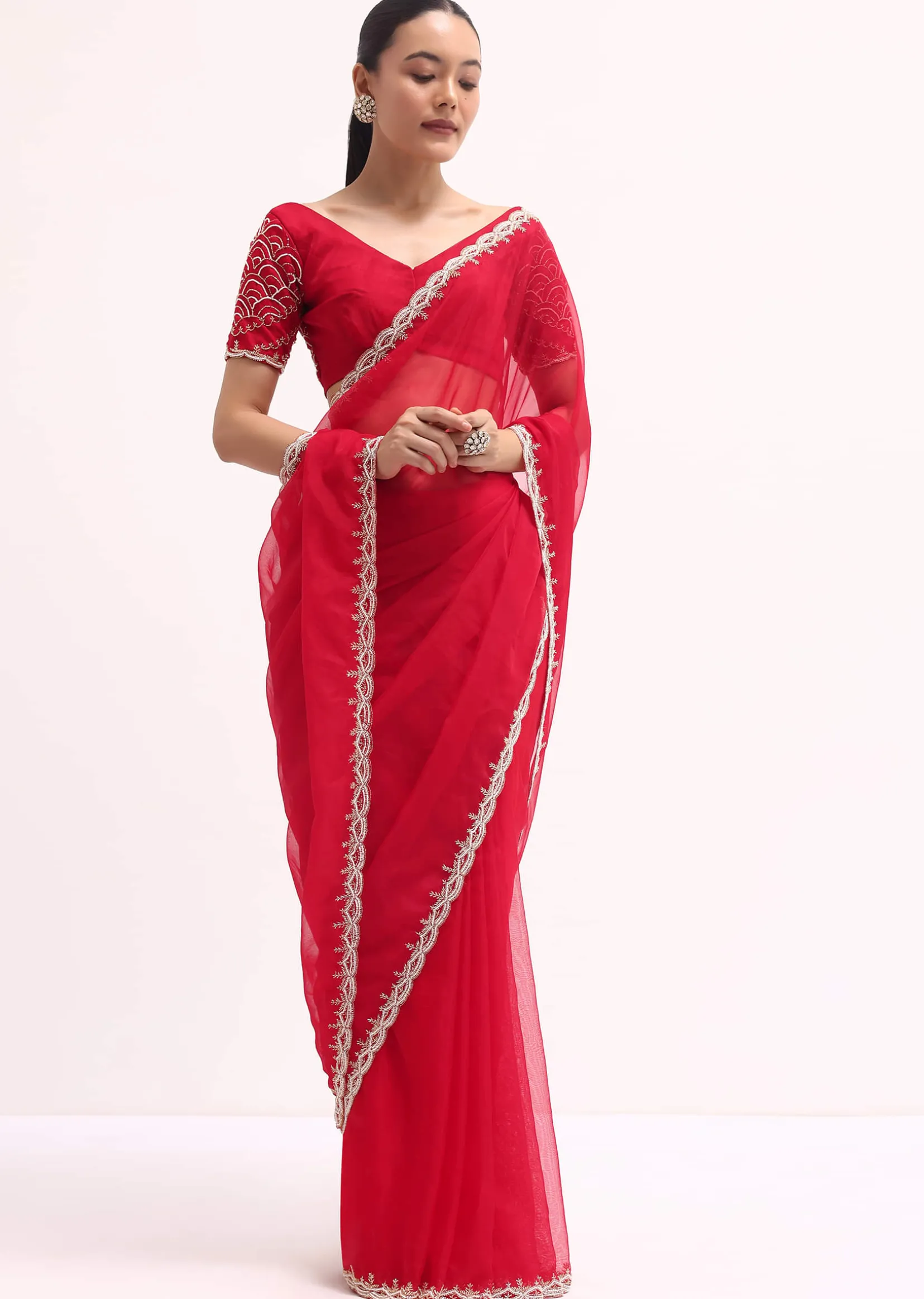 Red Scallop Border Organza Saree With Unstitched Blouse