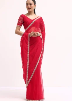 Red Scallop Border Organza Saree With Unstitched Blouse