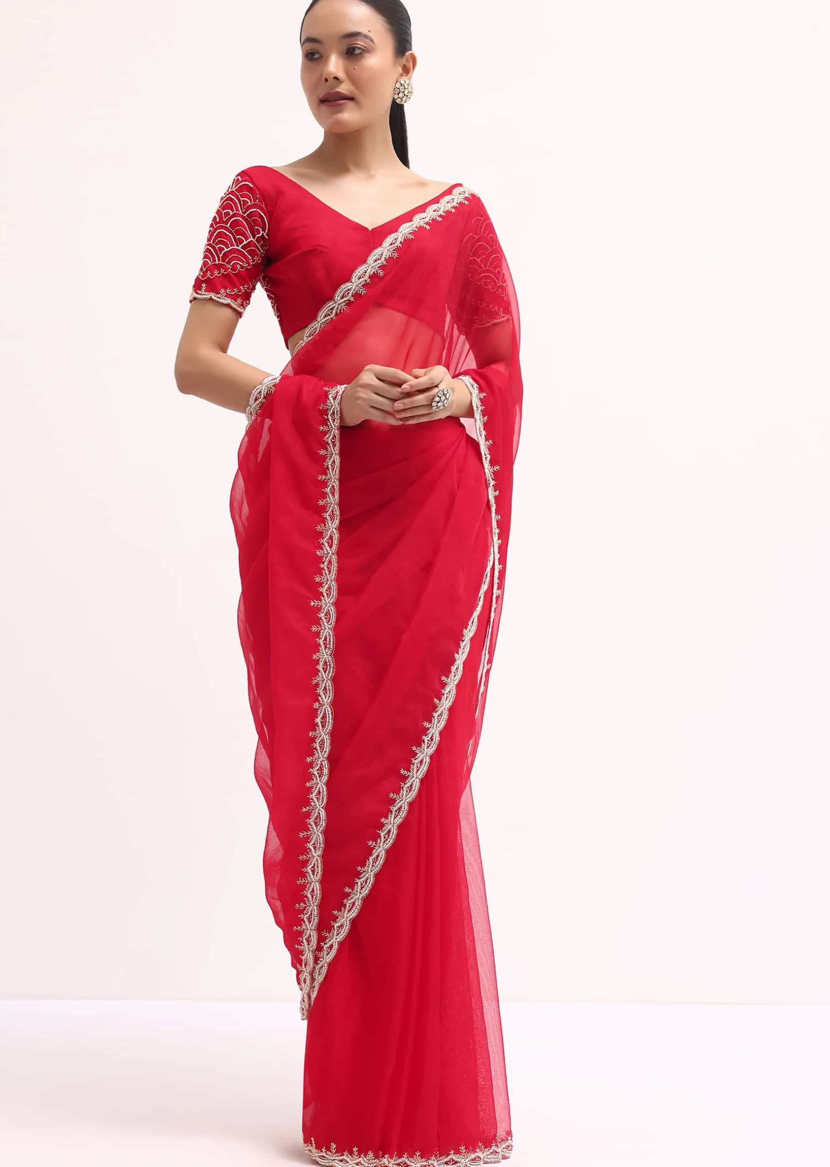 Red Scallop Border Organza Saree With Unstitched Blouse