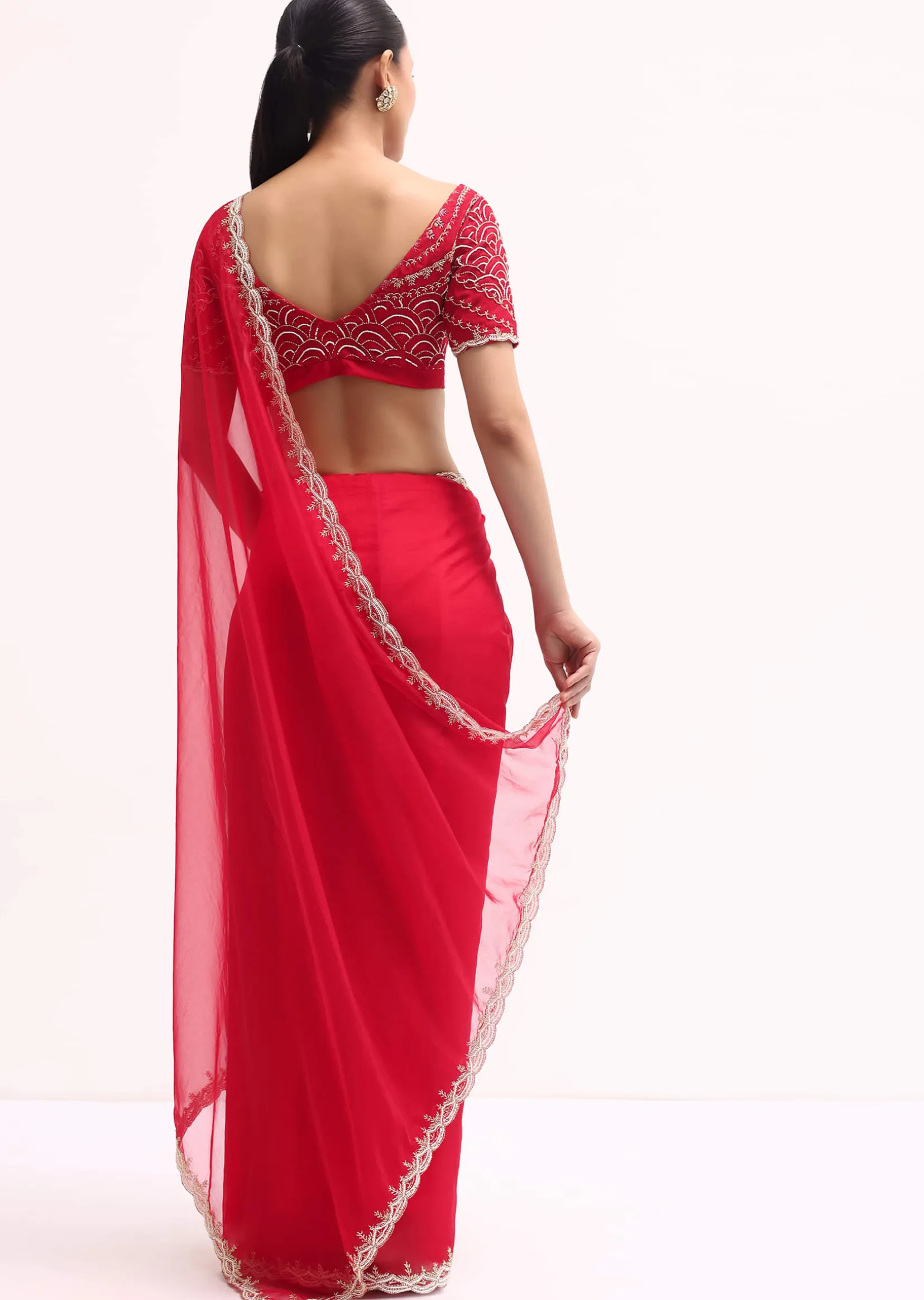 Red Scallop Border Organza Saree With Unstitched Blouse