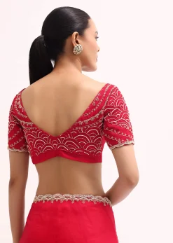 Red Scallop Border Organza Saree With Unstitched Blouse