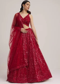 Red Sequin Embellished Lehenga Set
