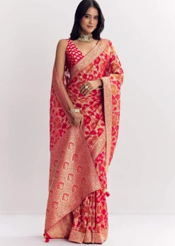 Red Shaded Dola Silk Saree With Zari Jaal Work