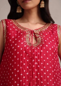 Red Silk Bandhani Print Kurta Dhoti Set