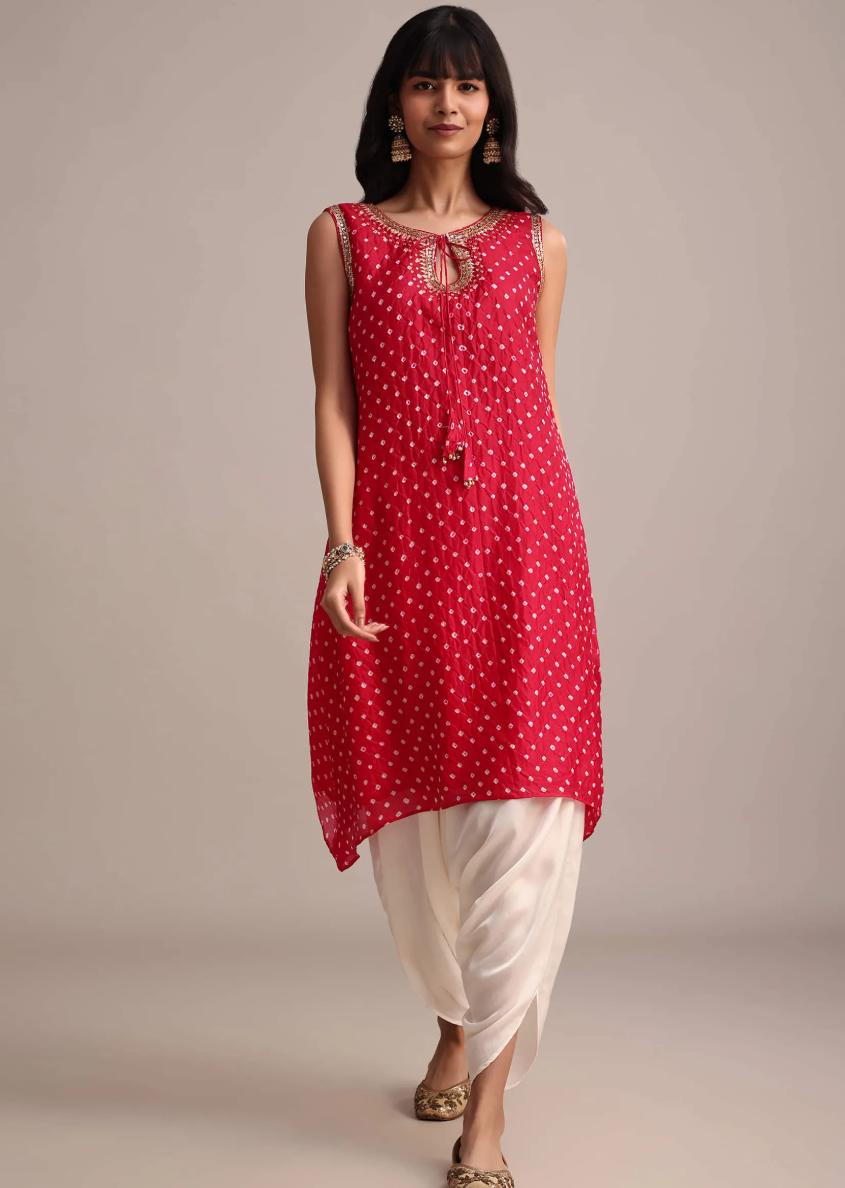 Red Silk Bandhani Print Kurta Dhoti Set