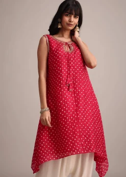 Red Silk Bandhani Print Kurta Dhoti Set