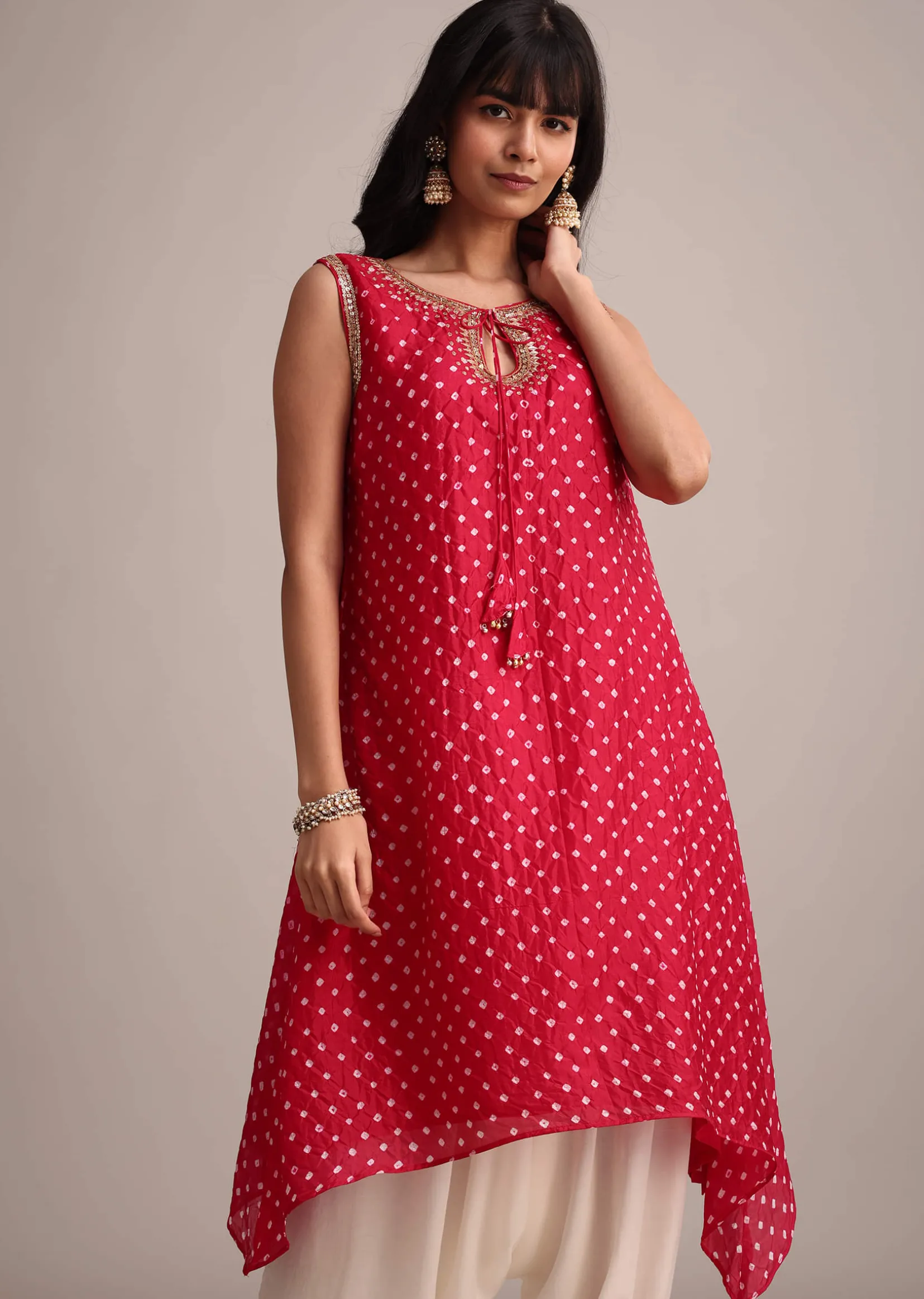 Red Silk Bandhani Print Kurta Dhoti Set