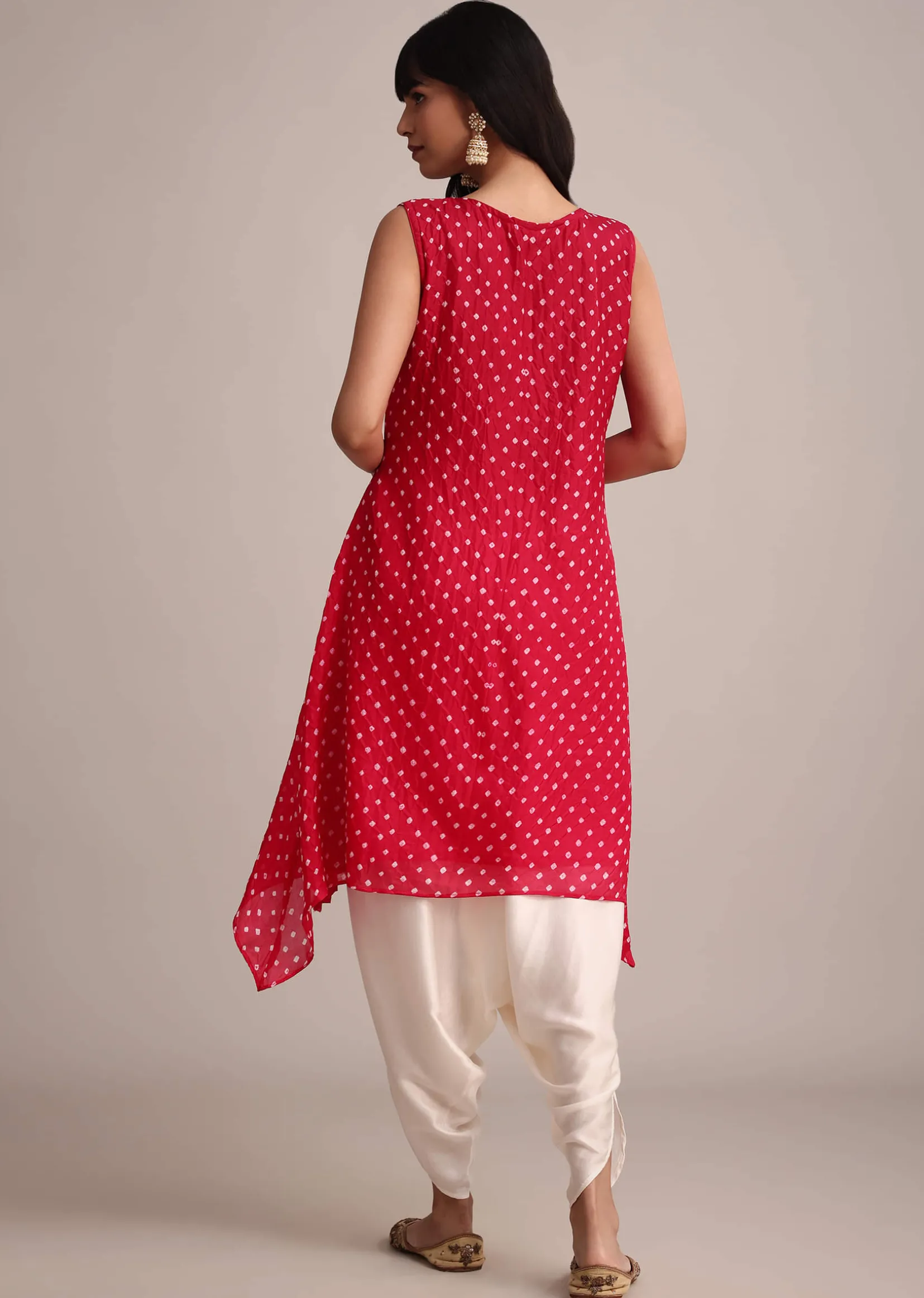 Red Silk Bandhani Print Kurta Dhoti Set