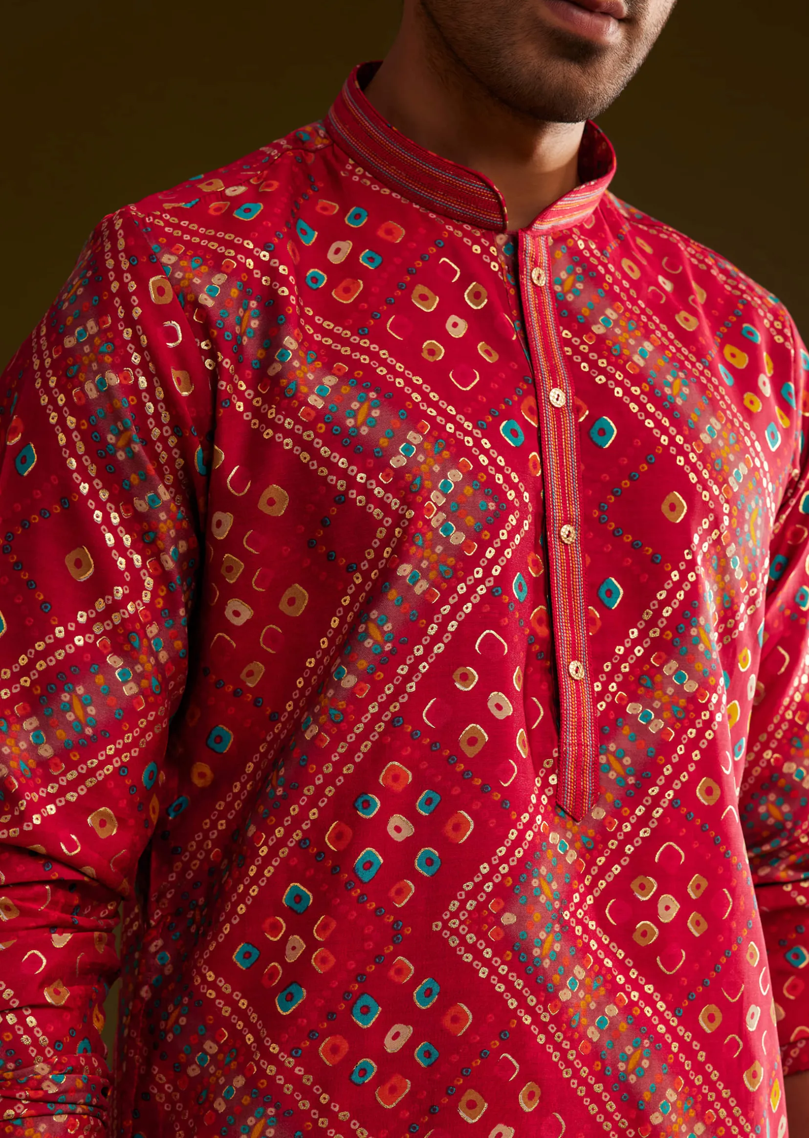 Red Silk Bandhani Printed Kurta Set