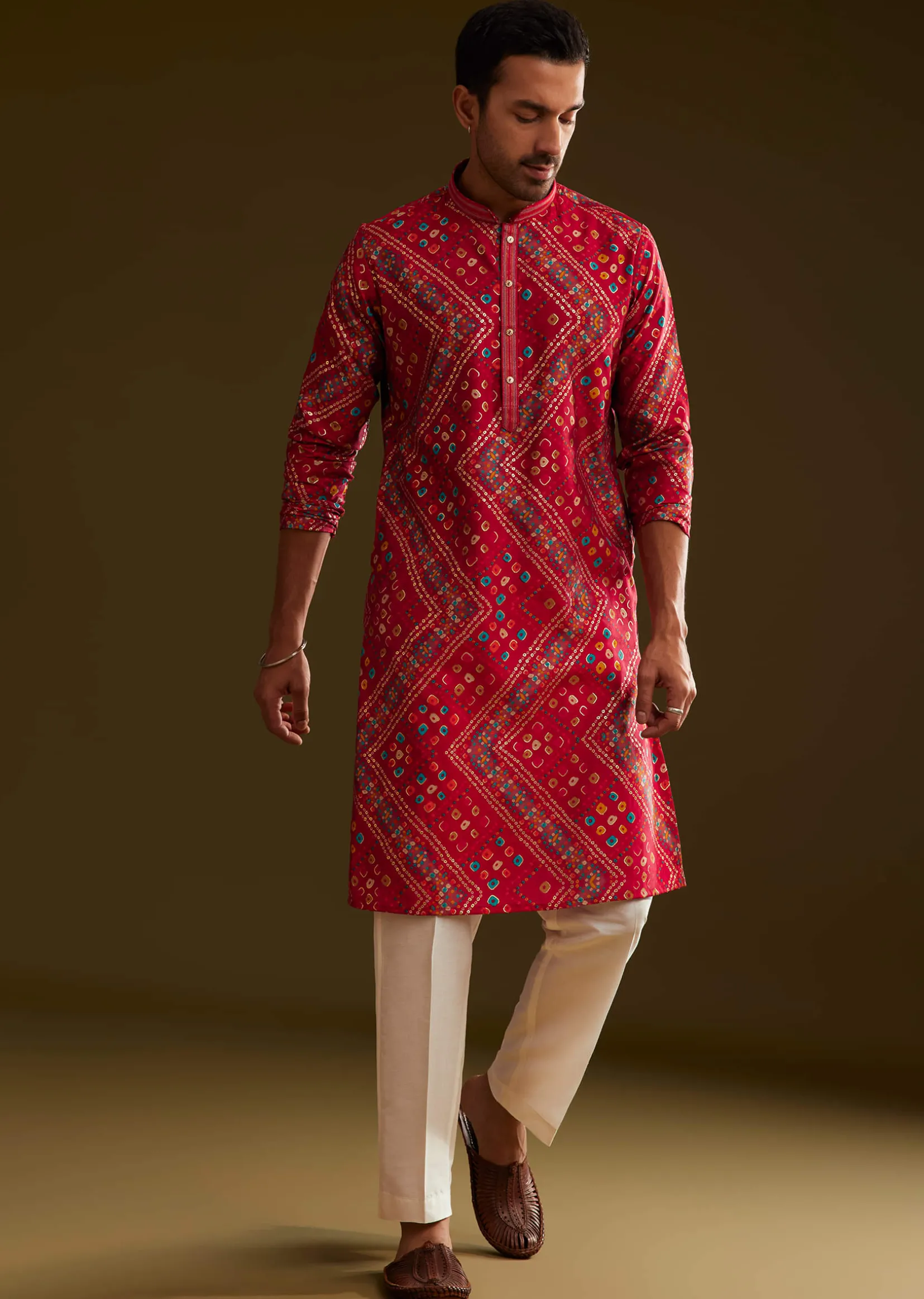 Red Silk Bandhani Printed Kurta Set