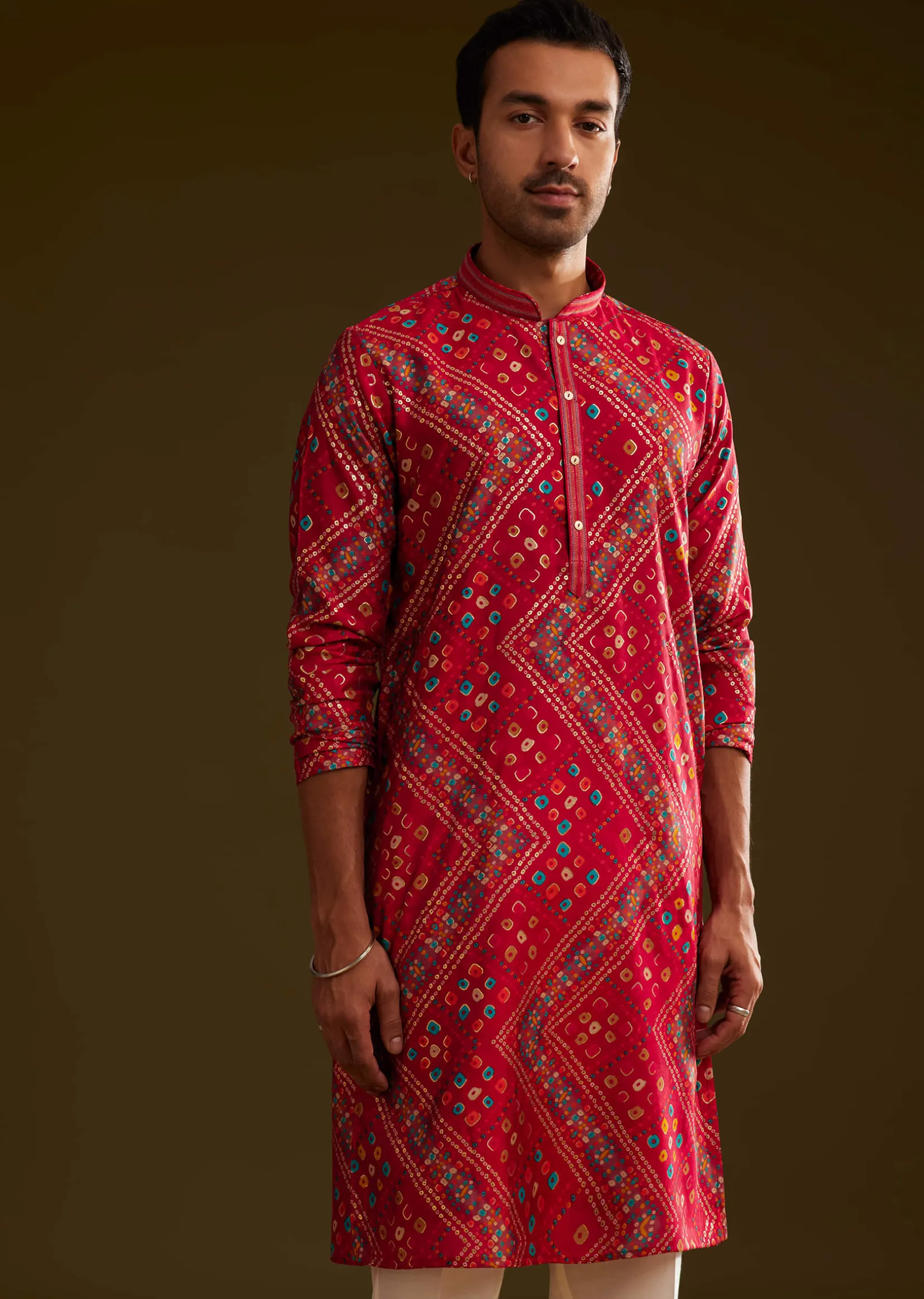 Red Silk Bandhani Printed Kurta Set