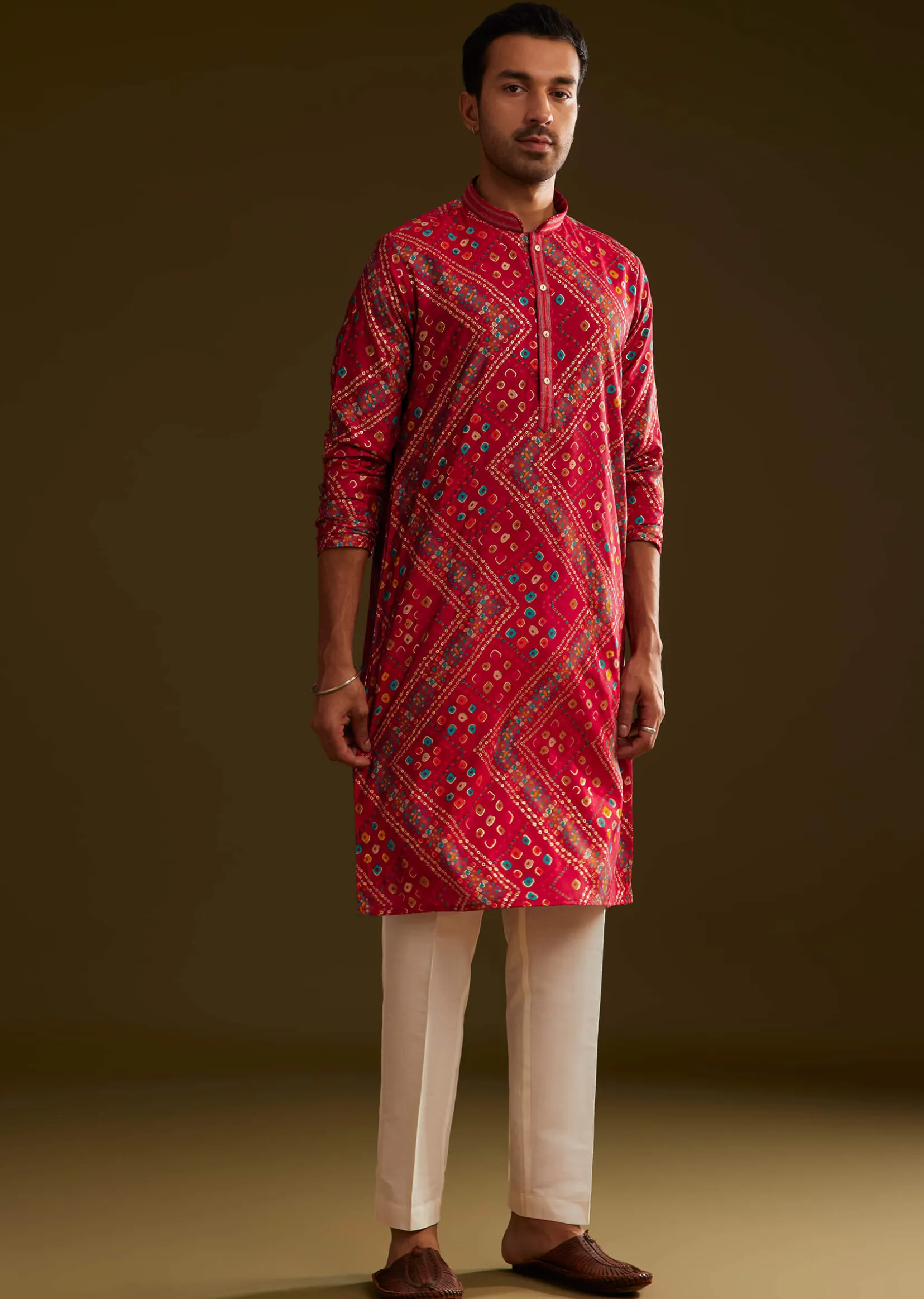 Red Silk Bandhani Printed Kurta Set