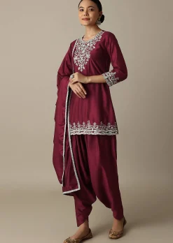 Red Silk Embroidery Kurta Set With Salwar And Dupatta