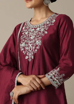 Red Silk Embroidery Kurta Set With Salwar And Dupatta
