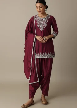 Red Silk Embroidery Kurta Set With Salwar And Dupatta