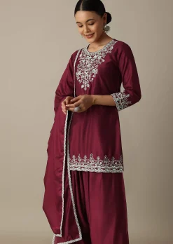 Red Silk Embroidery Kurta Set With Salwar And Dupatta