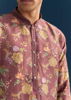 Red Silk Floral Kurta Set For Men With Mirror Embroidery