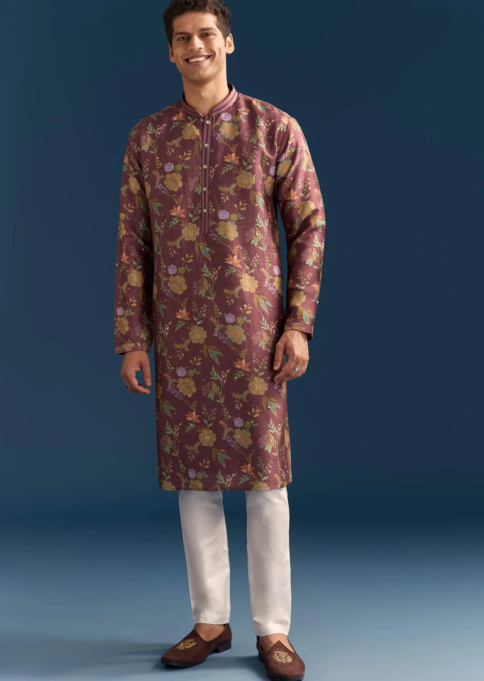 Red Silk Floral Kurta Set For Men With Mirror Embroidery