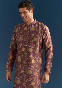 Red Silk Floral Kurta Set For Men With Mirror Embroidery