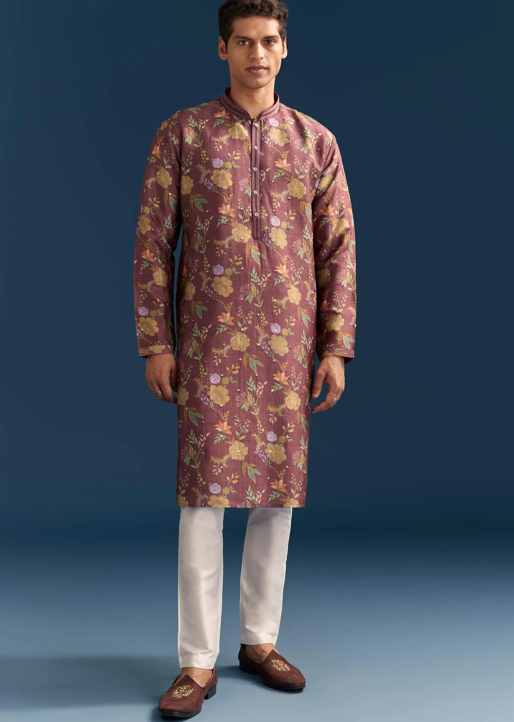 Red Silk Floral Kurta Set For Men With Mirror Embroidery