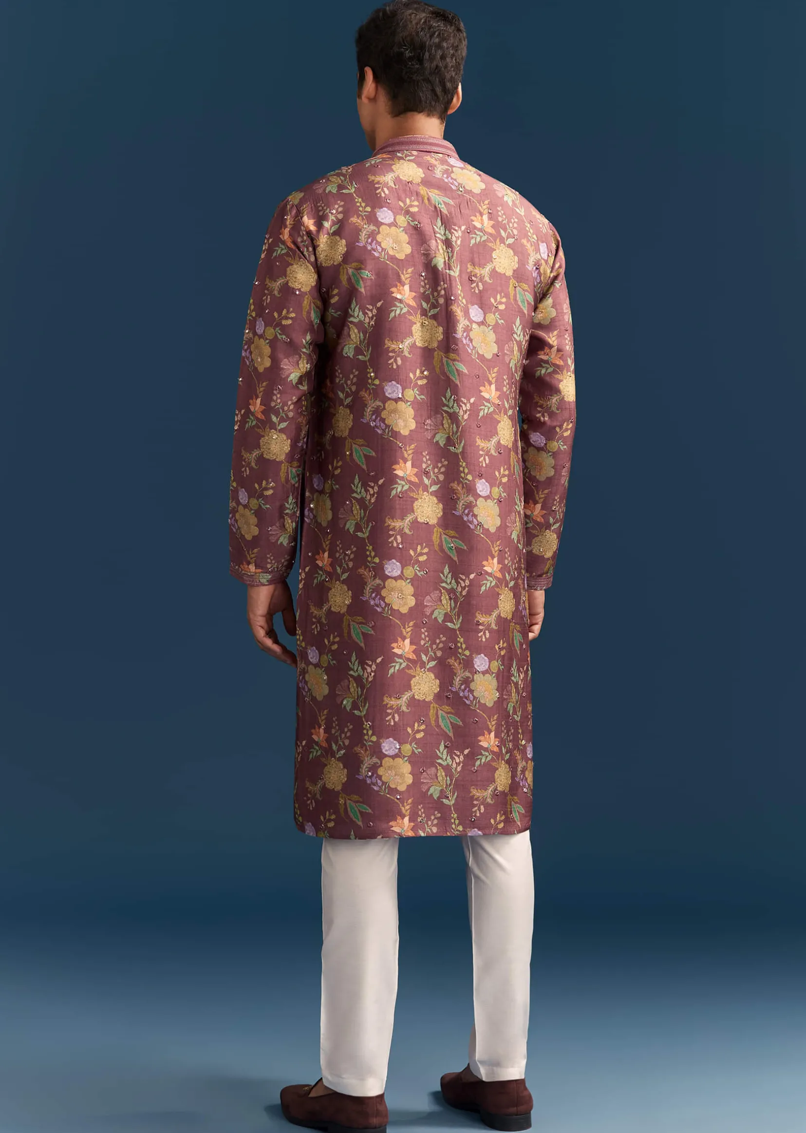 Red Silk Floral Kurta Set For Men With Mirror Embroidery
