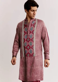 Red Silk Kurta Jacket Set With Ajrakh Print