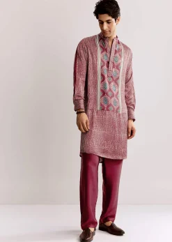 Red Silk Kurta Jacket Set With Ajrakh Print