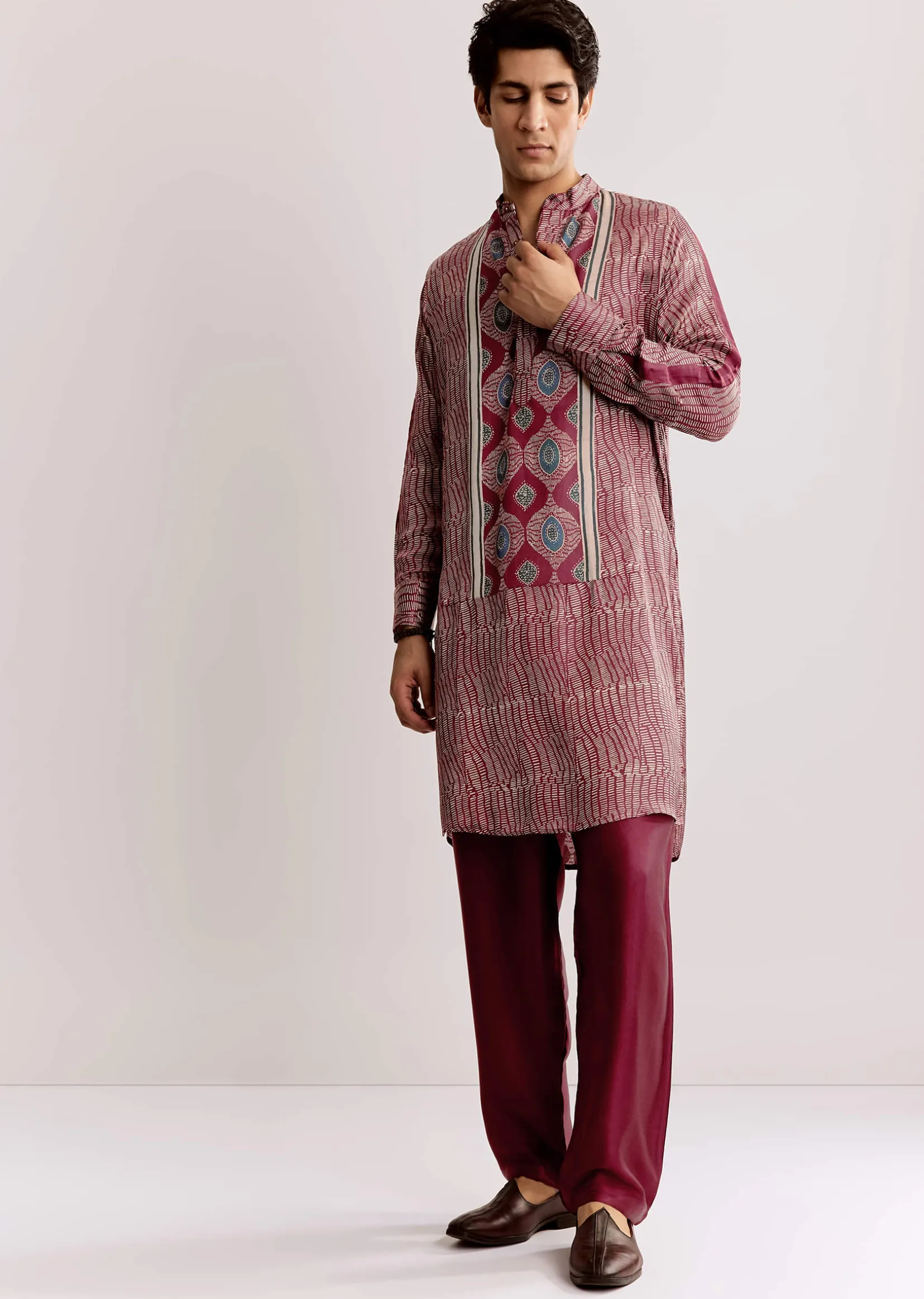 Red Silk Kurta Jacket Set With Ajrakh Print