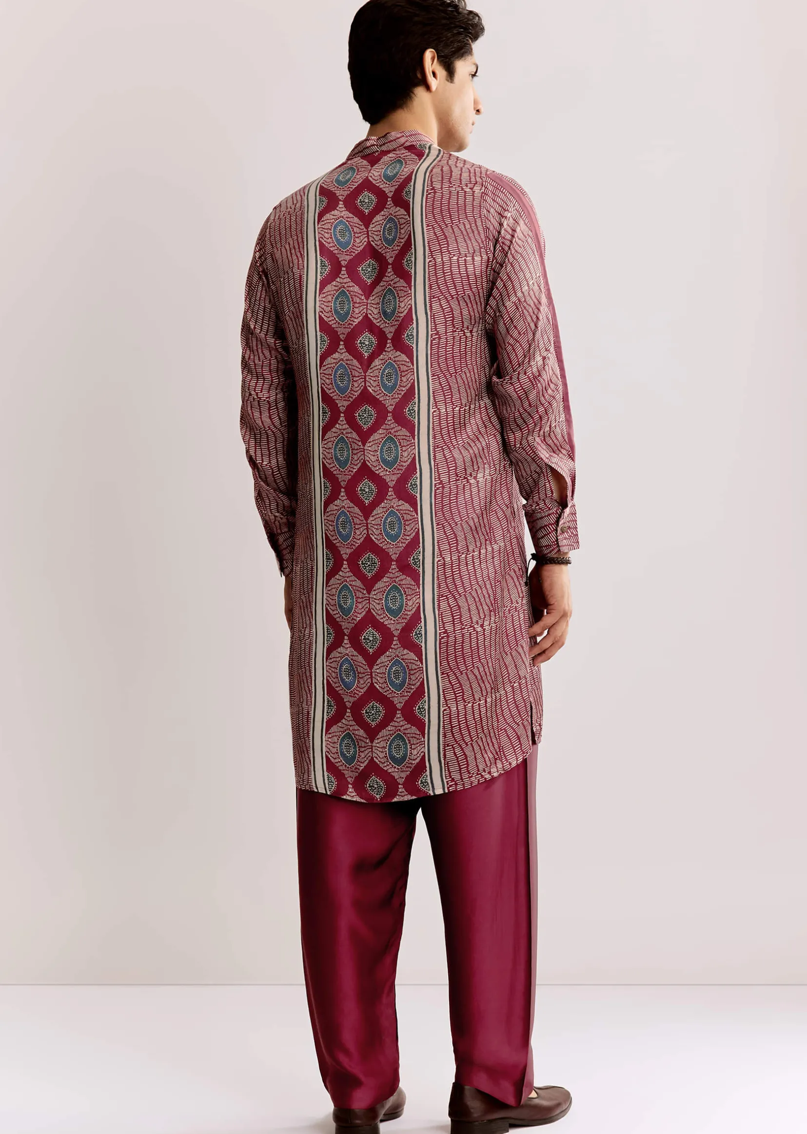 Red Silk Kurta Jacket Set With Ajrakh Print