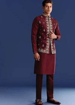 Red Silk Kurta Jacket Set With Thread Work