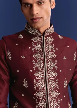 Red Silk Kurta Jacket Set With Thread Work