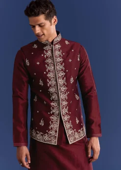 Red Silk Kurta Jacket Set With Thread Work