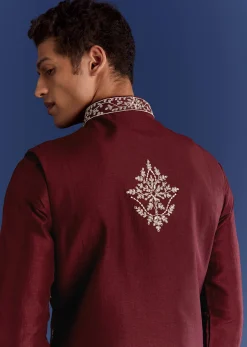 Red Silk Kurta Jacket Set With Thread Work