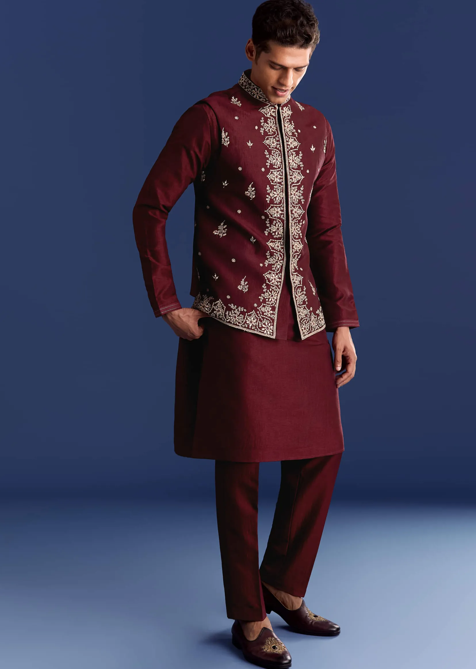 Red Silk Kurta Jacket Set With Thread Work