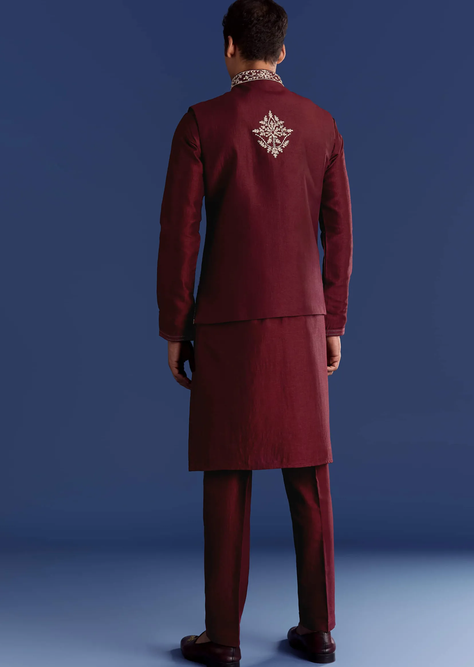 Red Silk Kurta Jacket Set With Thread Work