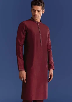 Red Silk Kurta Jacket Set With Thread Work