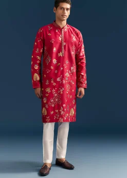 Red Silk Kurta Set For Men With Thread Embroidery