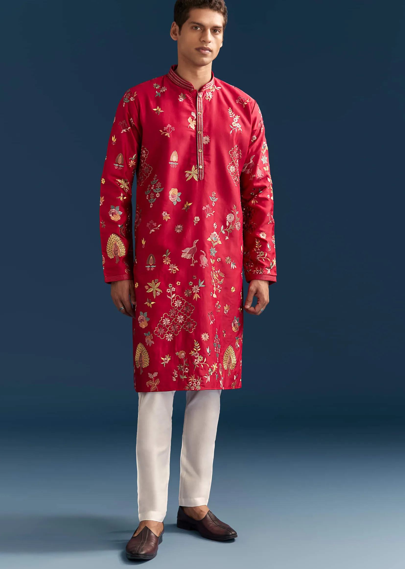 Red Silk Kurta Set For Men With Thread Embroidery