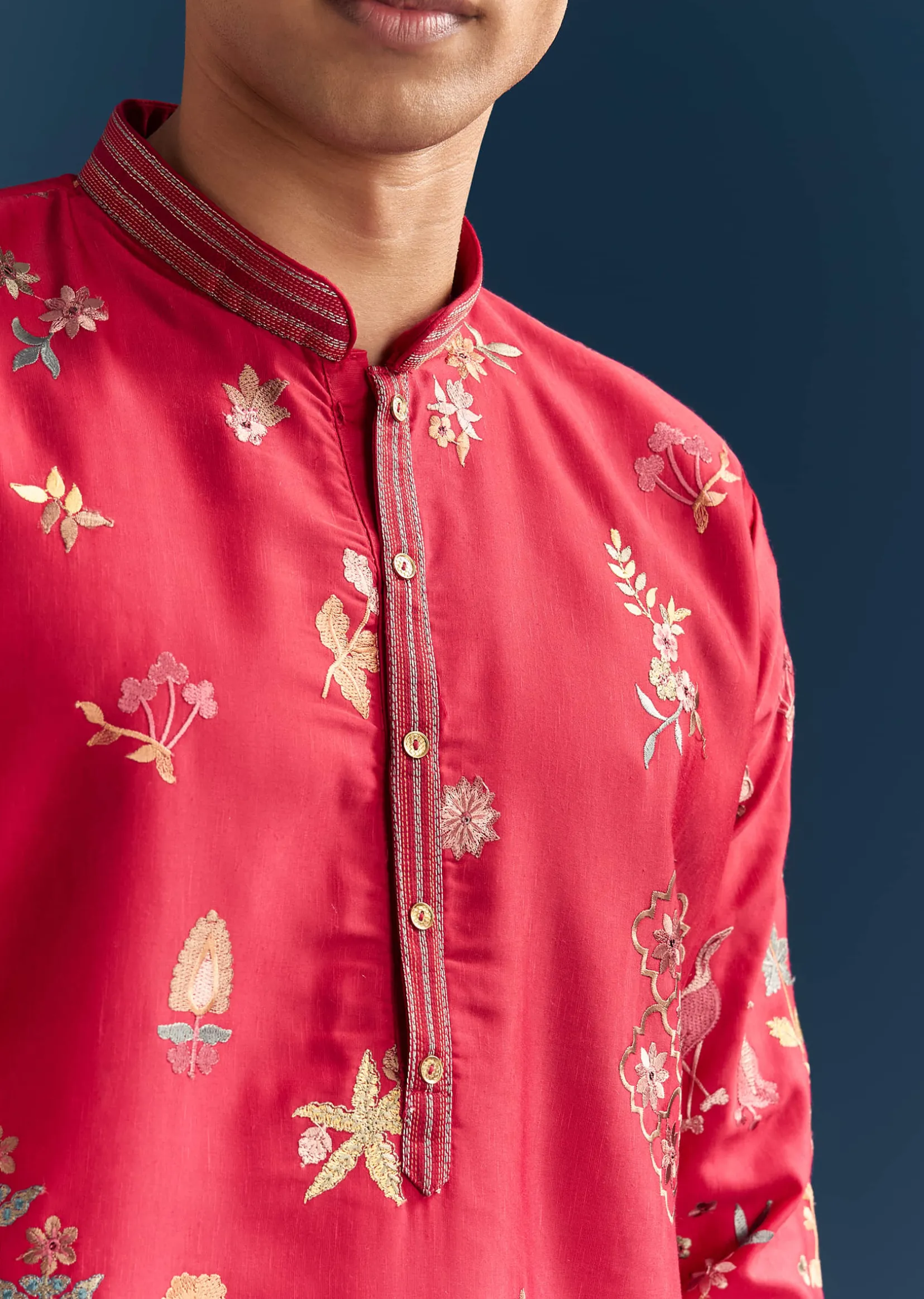 Red Silk Kurta Set For Men With Thread Embroidery