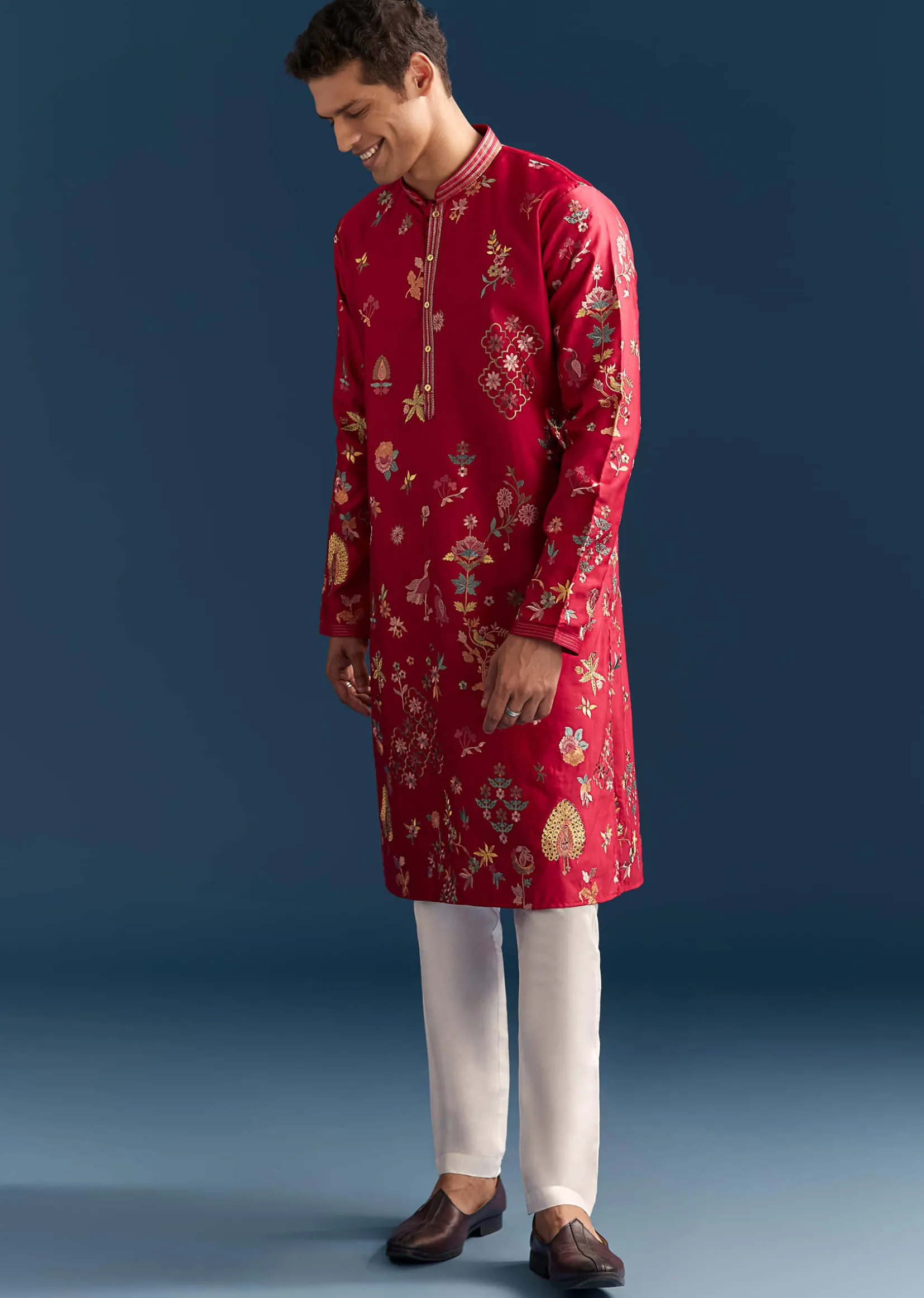 Red Silk Kurta Set For Men With Thread Embroidery