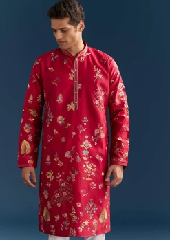 Red Silk Kurta Set For Men With Thread Embroidery
