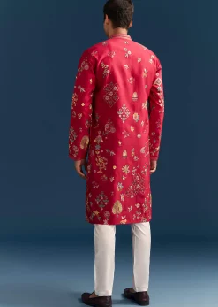 Red Silk Kurta Set For Men With Thread Embroidery