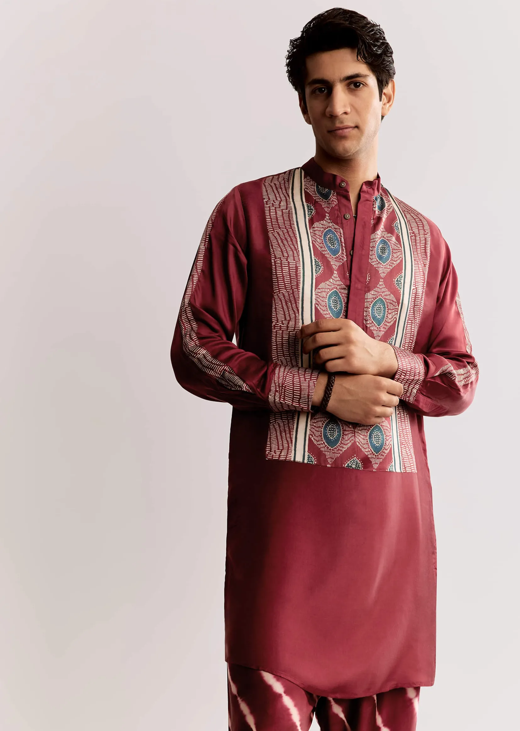 Red Silk Kurta Set With Ajrakh Print