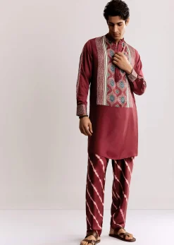 Red Silk Kurta Set With Ajrakh Print