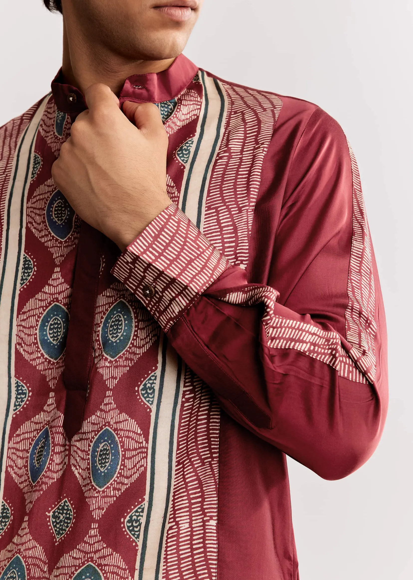 Red Silk Kurta Set With Ajrakh Print