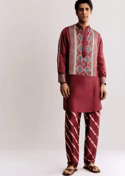 Red Silk Kurta Set With Ajrakh Print