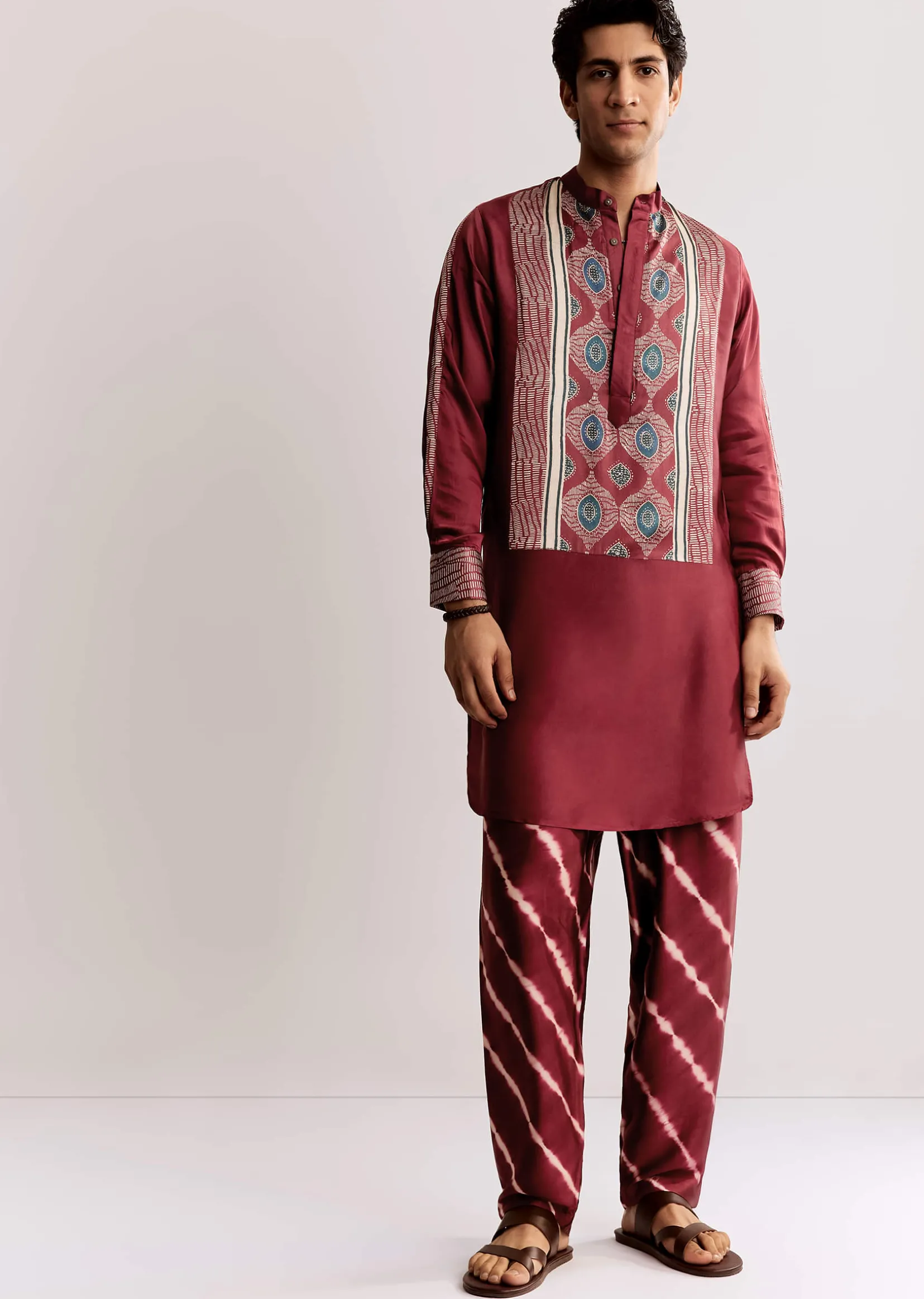 Red Silk Kurta Set With Ajrakh Print