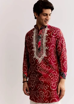 Red Silk Kurta Set With Bandhani Print