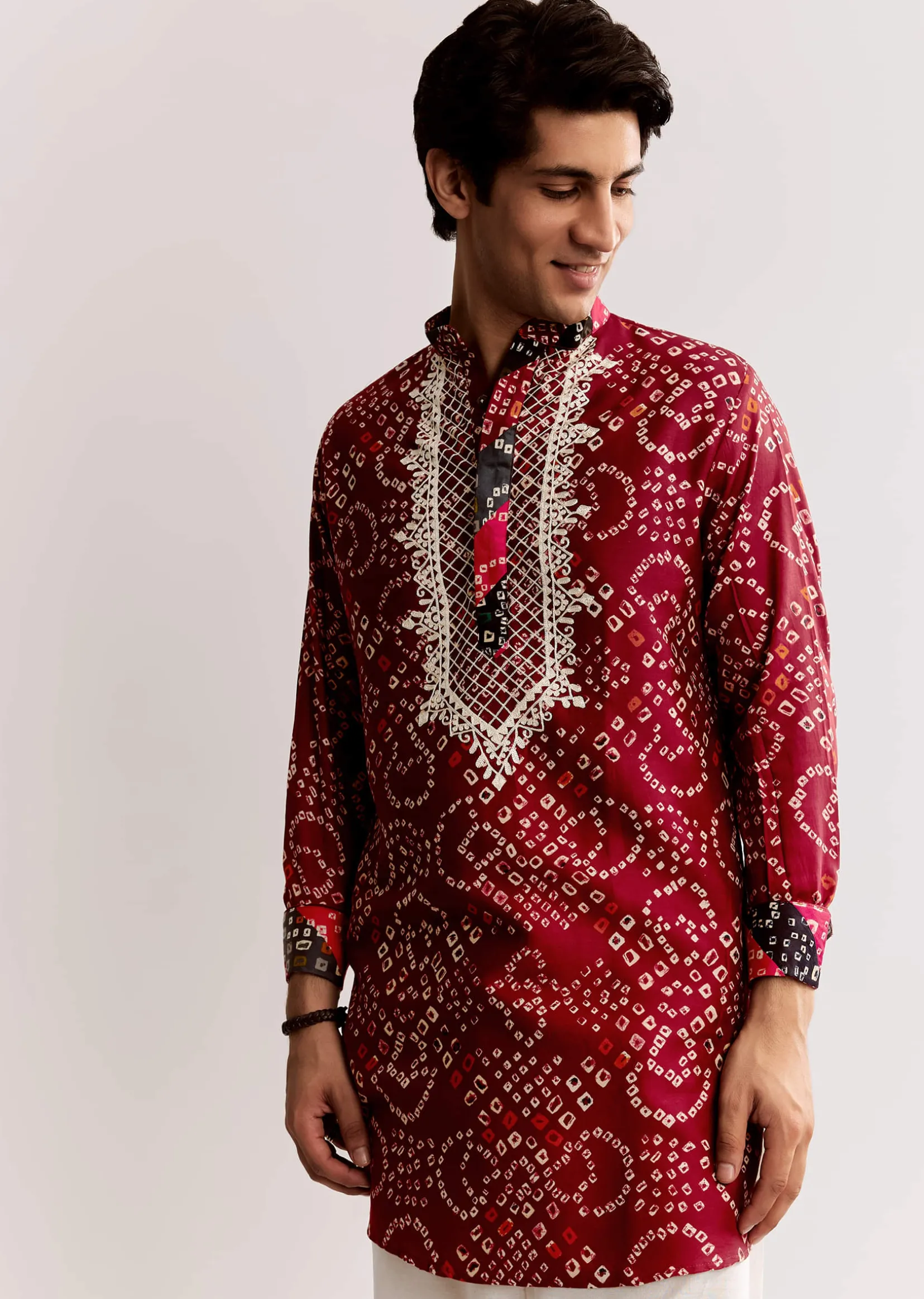 Red Silk Kurta Set With Bandhani Print